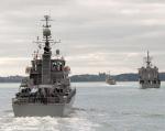 ID 9768 HMNZS ROTOITI (P3569) nearest camera, HMNZS WELLINGTON (P55) at right and HMNZS MANAWANUI (AO9, ex-STAR PERSEUS) centre distance, head to sea in convoy from the Royal New Zealand navy Base at...