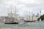 ID 9288 LORD NELSON (UK) AND OOSTERSCHELDE (Holland) passing North Head outbound from Auckland following the city's first-ever tall ships festival.