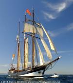 ID 9142 OOSTERSCHELDE (1918) - a three masted schooner flying the Dutch flag and registered in Rotterdam, leaves Melbourne en-route to Hobart, Tasmania after the 2013 Melbourne Tall Ships Festival. She is...