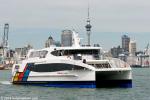 ID 9881 TE KOTUKU (Maori: White Heron) the latest addition to the Fullers ferry fleet, approaches the Victoria Wharf ferry terminal in Devonport, Auckland during her scheduled services between Auckland and...