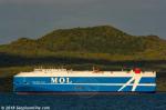 ID 11580 WALRUS ACE (2018/63166grt/15506dwt/IMO 9777826) the third of Mitsui’s new generation FLEXIE-class vehicle carriers and sporting the new company livery, passing the triple cone of volcanic Rangitoto...