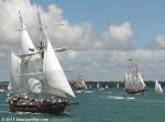 ID 9295 YOUNG ENDEAVOUR (Australia) with EUROPA and OOSTERSCHELDE (both Dutch) in distance, sail out of Auckland following the inaugural tall ships festival.,