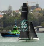 ID 12724 Emirates Team New Zealand's AC40 returning to the team base in the Viaduct after another trial session on the Hauraki Gulf and Waitemata Harbour. The AC40 is the class of boat to contest the next...