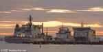 ID 13009 HMNZS AOTEAROA, HMNZS WELLINGTON (centre), HMNZS MANAWANUI (centre, obscured) and HMNZS CANTERBURY - ships of the RNZN seen at sunset at Auckland's Devonport Naval Base.