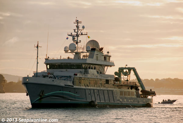 ALUCIA (1974/1142grt/IMO 7347823) - a multi-role research ship catering to clients in the private sector arrives into Aucklands' Silo Park superyacht facility soon after sunrise. Operated by DeepOcean Quest, the 55.75m vessel carries three deep-dive submersibles capable of reaching depths of around 1000m. Normal operations see her carry a complement of 14 crew, a submersible team of 6 and up to 18 guests, scientists, film-makers and paying passengers all in luxury superyacht-style accommodation. ALUCIA has in the past been chartered by the Discovery Channel to attempt filming the rarely-seen Giant Squid in the depths of the Pacific and has also grabbed world headlines when acting as mother ship during the search for the wreckage of the lost Air France passenger jet in the Atlantic. Hollywood director James Cameron, now resident in New Zealand, once chartered ALUCIA to discover the wreck of the TITANIC and the ship featured in 2016 in Sir David Attenborough's Great Barrier Reef TV series. 29 March 2013. Photo by © 2013 SeapixOnline.com