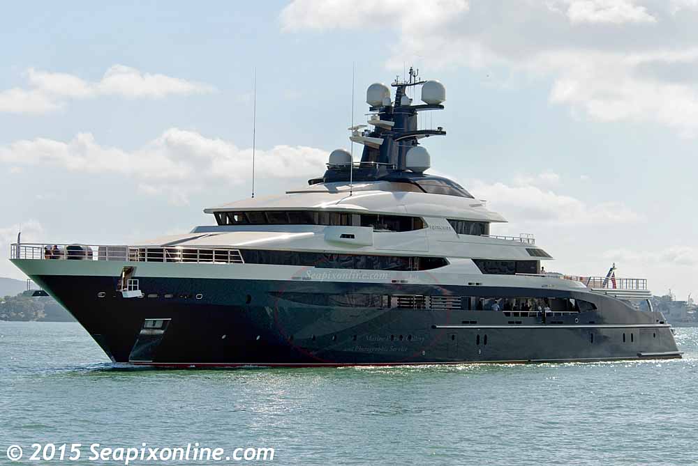 EQUANIMITY designed by and completed by Oceanco in The Netherlands last year, arrives in Auckland today (28 Dec 2015) following a passage from Incheon, S. Korea. 
Her interior is by Andrew Winch Designs of London. 
Accommodating up to 14 guests, the accommodation consists of 1 master suite, 2 VIP suites and 4 guests suites. She has a reported top speed of 19.5 knots.

Measuring 91.5.m (300.2') the 2999grt vessel is owned by Jho Low, a Malaysian businessman, co-founder of an international investment and advisory company based in Hong Kong.
 28 December 2015. Photo by © 2015 SeapixOnline.com