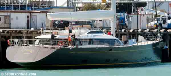 OHANA - newly launched on 28 October 2012, the stunning 50m flybridge sloop prepares to take to the waters of Auckland's Waitemata Harbour after having just completed stepping her 63.1m mast while alongside at Wynyard Wharf. Built by Fitzroy Yachts of New Plymouth, New Zealand for an Italian client, the vessel's transom carried the name Genoa as her port of registry. She will undergo sea trials before her delivery in December. The aluminium-hulled OHANA was designed by Dubois Naval Architects of Lymington, Hampshire, England and will carry some 4085sq m of sail, achieving a maximum speed of 18 knots with a cruising speed of around 12 knots.
OHANA will remain in Auckland for a few months during which she will take the start gun of the 2013 NZ Millennium Cup. 31 October 2012. Photo by SeapixOnline.com