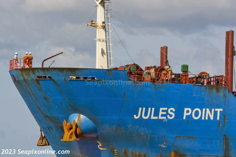 JULES POINT (2013/24428gt/36728dwt/IMO 9610690) a handysize bulk carrier sails from Aucklandâ€™s Chelsea Sugar Refinery bound for Tauranga. She was discharging in Auckland for seven days having arrived from Puerto Quetzal in Guatemala.
She is owned, managed and operated by Pacific Basin Shipping of Hong Kong. 16 March 2023. Photo by Â© 2023 SeapixOnline.com