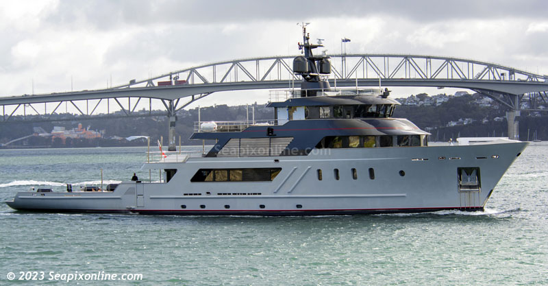 MASQUENADA (572gt, ex-ASPIRE, ETRA) owned by Pier Luigi Loro Piana, deputy chairman of luxury clothing company Loro Piana, the expedition yacht has been undergoing maintenance at Orams Marine Boatpark in St. Maryâ€™s Bay, is seen here leaving for another session of sea trials.
Built in 2007 by Penglai in China, the 51m motor yacht cruises at 13kts and has a maximum speed of 14.4kt with a range of 4500nm.
She carries a crew of 9 and can accommodate 12 guests. 18 July 2023. Photo by Â© 2023 SeapixOnline.com