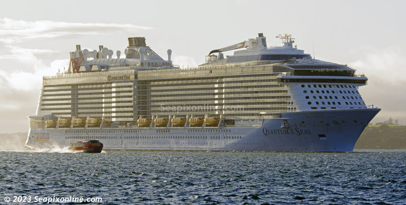 Royal Caribbean's 348m long QUANTUM OF THE SEAS (2014/IMO 9549463/168666gt) made her maiden call at Auckland today arriving in port from Tauranga just after sunrise. 
She is the second of RCL's Quantum-class ships to call at Auckland this season with her sister OVATION OF THE SEAS having been alongside here just three days previously. 22 March 2023. Photo by Â© 2023 SeapixOnline.com