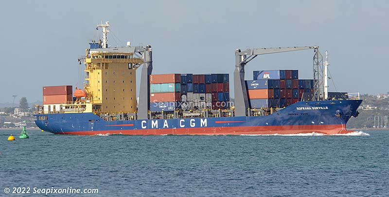 SOFRANA SURVILLE (2009/9684grt/12502dwt/IMO 9408372, ex-AVRA, SOFRANA TOURVILLE) - a regular visitor to Auckland, in the colours of group owner CMA CGM The French Line, seen inbound to Auckland from Tauranga. She is operated and managed by ANL Singapore Pte Ltd. 8 June 2022. Photo by Â© 2022 SeapixOnline.com