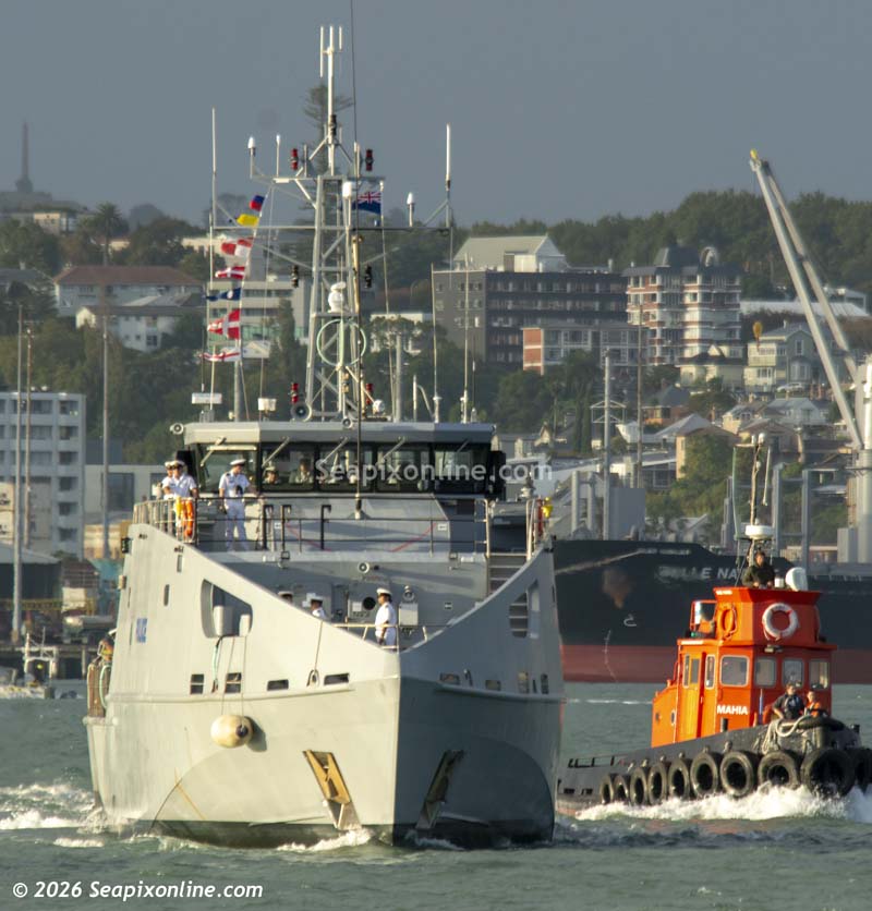 The Cook Islands Police Guardian-class patrol boat TE KUKUPA II (IMO 4734245) arrived into Auckland’s Devonport Naval Base after a night at anchor in the Hauraki Gulf. She was on her way home after taking part in the Royal Australian Navy 125th celebrations in Sydney.
Launched in 2022, TE KUKUPA II replaced the ageing TE KUKUPA of 1989, a vessel one of 22, all built in Australia and donated to Pacific Forum members for patrolling their individual economic zones, escorted the vaka Te Au o Tonga to protest the French nuclear tests at Mururoa Atoll in 1995. 
Her visit to Auckland coincided with a visit by the Cook Islands Police Commissioner Teokotai Joseph, highlighting the relationship between the Royal New Zealand Navy and New Zealand Police in supporting the Cooks Islands and their maritime protection requirements.
Built by Austal, TE KUKUPA II is based in Rarotonga. She has a maximum speed of 20kts. 31 March 2026. Photo by © 2026 SeapixOnline.com