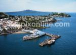 ID 6327 DEVONPORT, AUCKLAND - An aerial view showing the steam tug WILLIAM C. DALDY on her Victoria Wharf berth, the Auckland-Devonport ferry terminal, North Head (right distance) and Rangitoto Island on the...