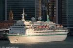 ID 10392 ALBATROS (1973/28518grt/IMO 7304314, ex-CROWN, NORWEGIAN STAR, CROWN MARE NOSTRUM, ROYAL ODYSSEY, ROYAL VIKING SEA) sails at sunset from Auckland's Queens Wharf en-route to the Bay of Islands. Not...