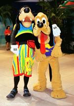 ID 7477 Disney characters Pluto and Goofy greet guests as they arrive for party aboard DISNEY WONDER (1999/83308grt/IMO 9126819 during the ship's presentation to the UK travel trade and media at Southampton.
