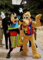 ID 7481 Disney characters Pluto and Goofy greet guests as they arrive for party aboard DISNEY WONDER (1999/83308grt/IMO 9126819 during the ship's presentation to the UK travel trade and media at Southampton.