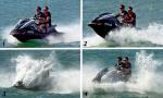 ID 8205 JETSKI - and how to have fun on one. Two locals enjoy a sunny morning on Aucklands' uncrowded Waitemata Harbour.
