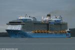 ID 10803 OVATION OF THE SEAS (2016/168666grt/IMO 9697753/348m loa) - the largest ship to ever visit New Zealand, slides into Auckland at the crack of another grey summer dawn. Too large to berth at any wharf...